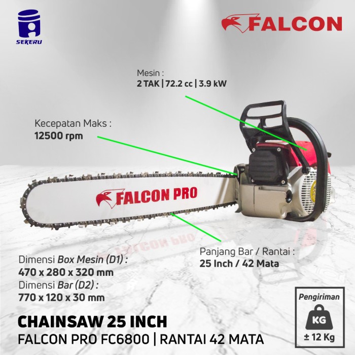 Chainsaw gergaji mesin 25 inch 25" Falcon FC6800 Rantai 42 mata