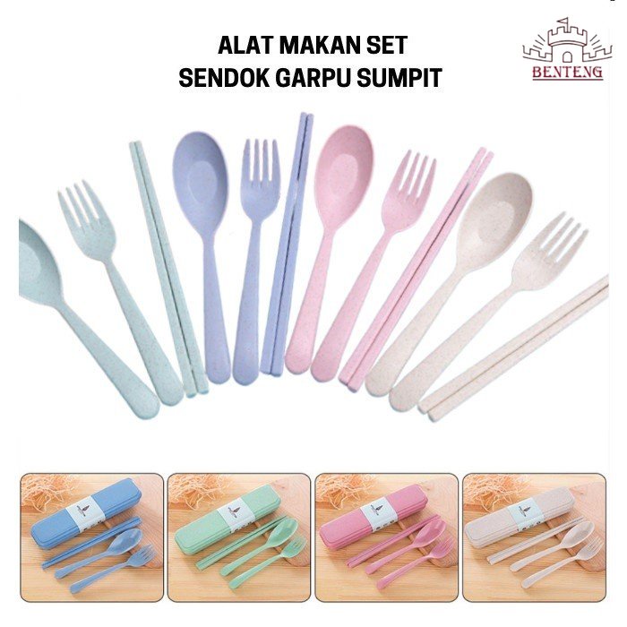 SG33-Sendok Garpu Sumpit Portabel Set / Alat Makan Bahan Jerami Gandum