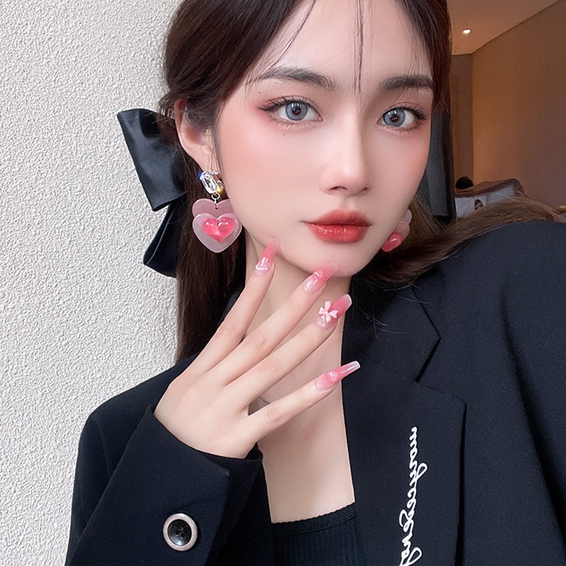 2022 Anting Tusuk Motif Hati Warna Pink Gradasi Untuk Wanita