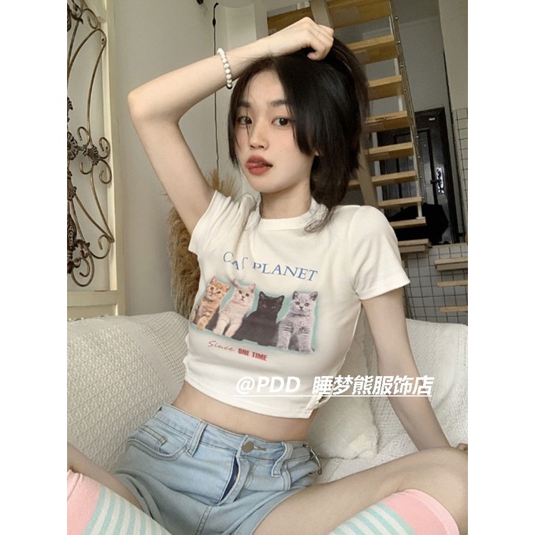 Cat print putih lengan pendek T-shirt wanita musim panas manis dan pedas pusar pendek gaya bm kemeja