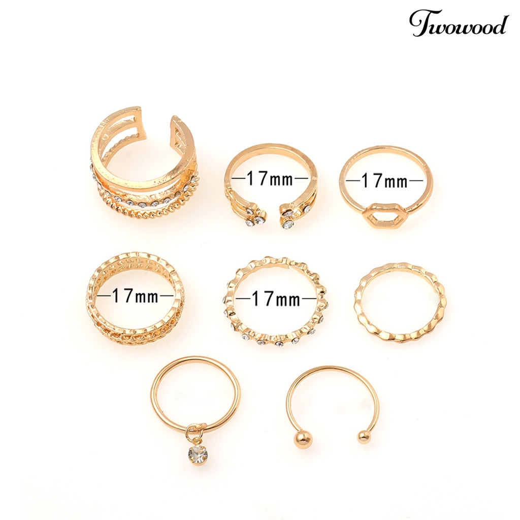 8pcs Cincin Berlian Imitasi Bentuk Heksagonal Geometris Untuk Wanita