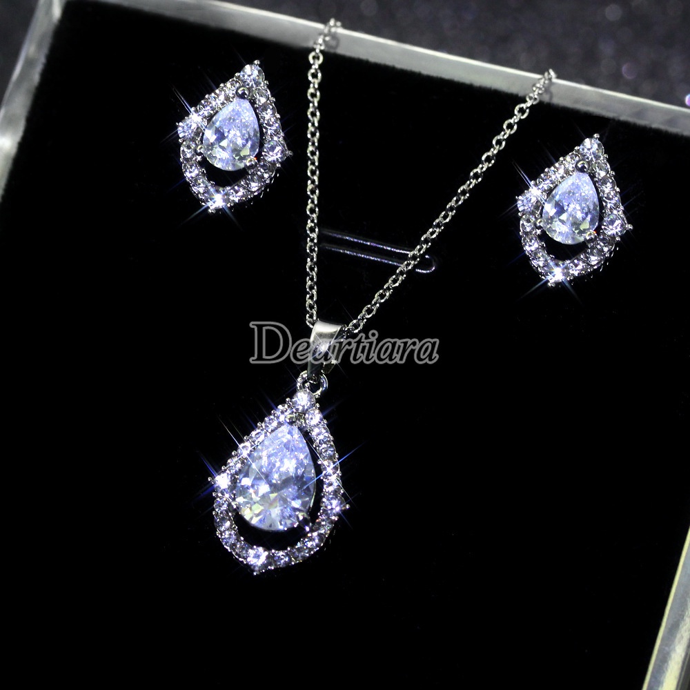 Korean Style Bridal Drop Necklace Earrings Set Shiny Zircon Accessories