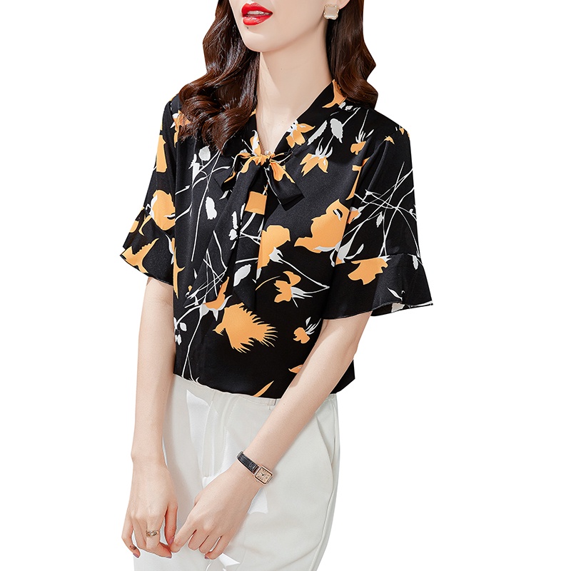 COD New 2022 Fashion Korean Floral Summer Short Sleeve Shirts Black White Women Blouse Tops Blus Wanita Lengan Pendek