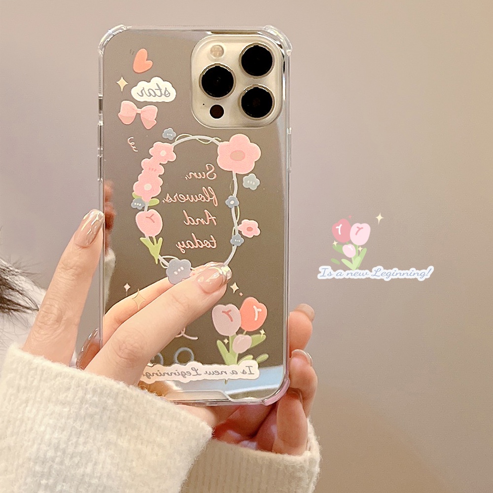 IPHONE Tulip Shockproof Phone Cover Wanita Make Up Mirror Pelindung Case Untuk Iphone7 8 PLUS X XR XS 11 12 13 14 MINI PRO MAX SE 2020