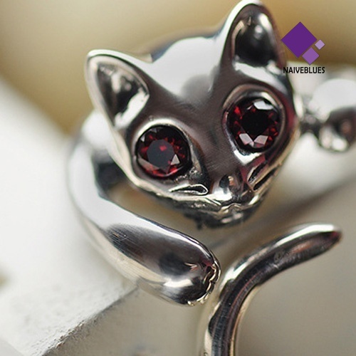 Cincin Model Terbuka Adjustable Desain Hewan Kucing Aksen Berlian Imitasi Untuk Wanita