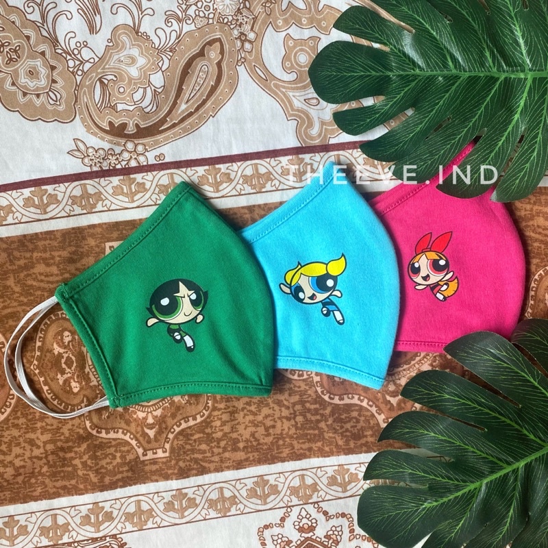 Theeve MASKER KAIN POWERPUFF GIRLS | Masker Korea Earloop 2 Ply Murah Bahan Katun untuk Anak dan Dew