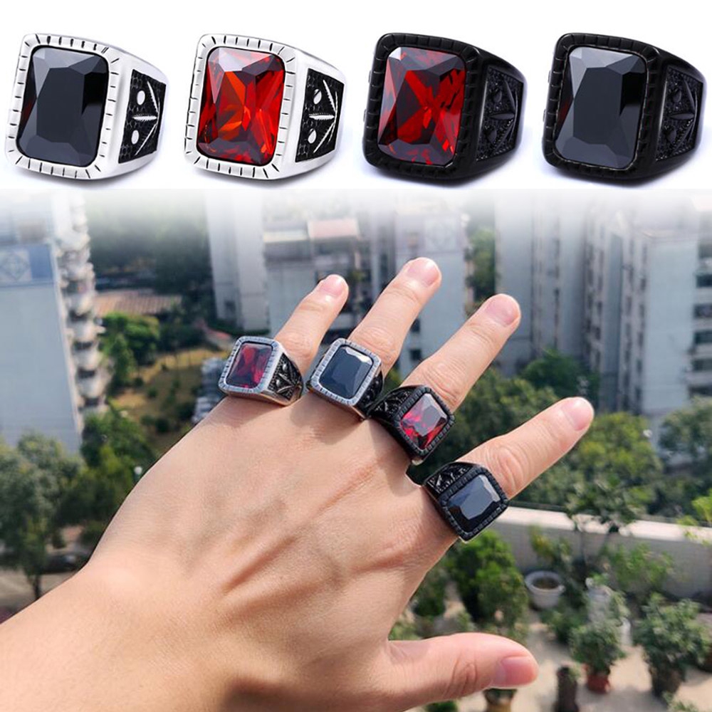 Pria Rubi Baja Titanium Merah hitam Kristal Batu permata Perhiasan Fashion Daun maple Cincin Rings