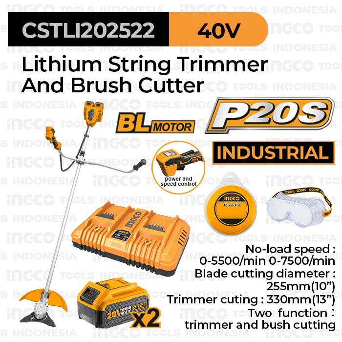 Cordless Bush Cutter Brushless 20V Dual INGCO CSTLI202522 Mesin Potong Rumput Baterai P20S