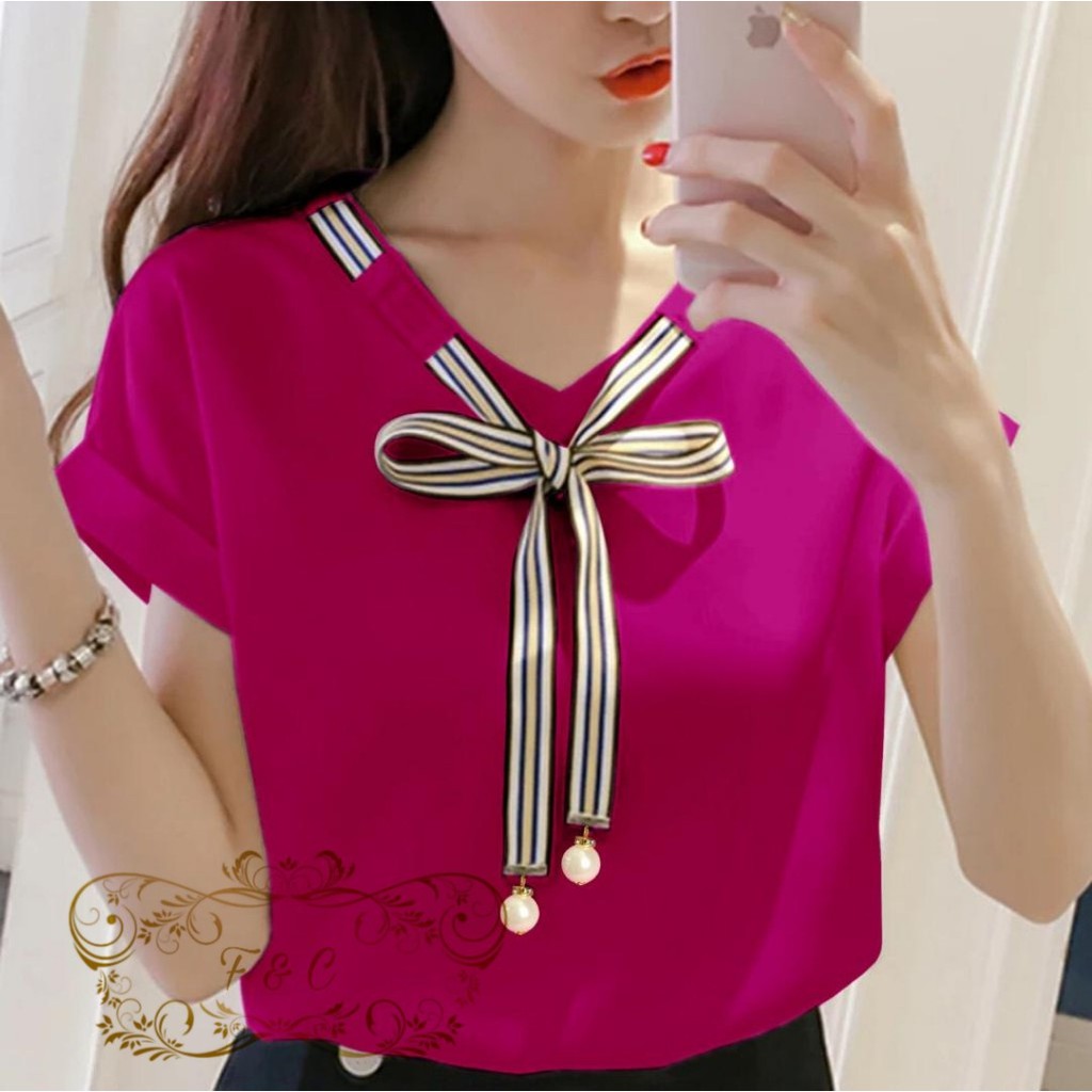 BISA COD - BLOUSE LAURA Blouse Korean Style Wanita Remaja Atasan Kaos Blouse Wanita Dewasa Lengan Pendek Bahan Balotelly-Fanta