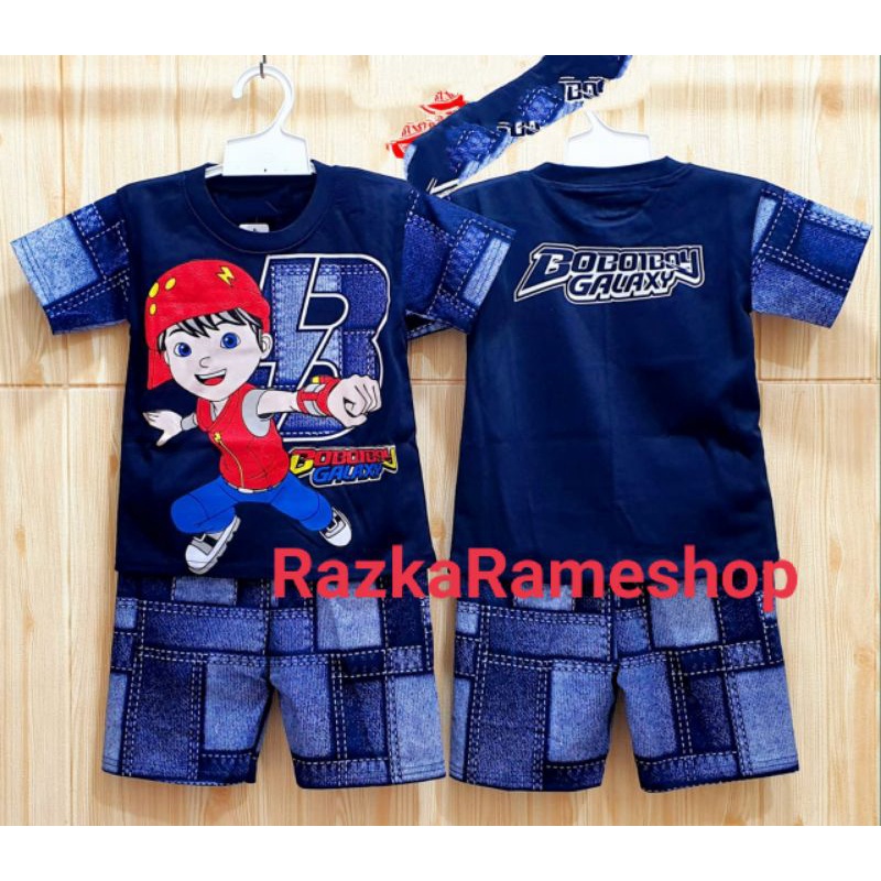 KOSTUM SETELAN ANAK DAN  BOBOI API, PETIR, AIR , MOTIF LEVIS DAN TOPI