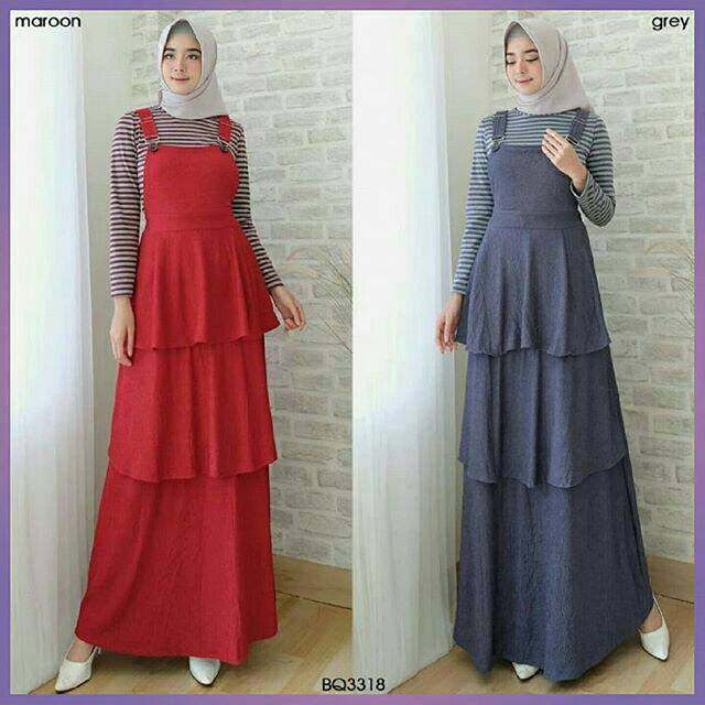 BQ3318 - Gamis Model Overall Kombinasi Spandek Salur Ruffle Dua Tingkat Size L Terbaru