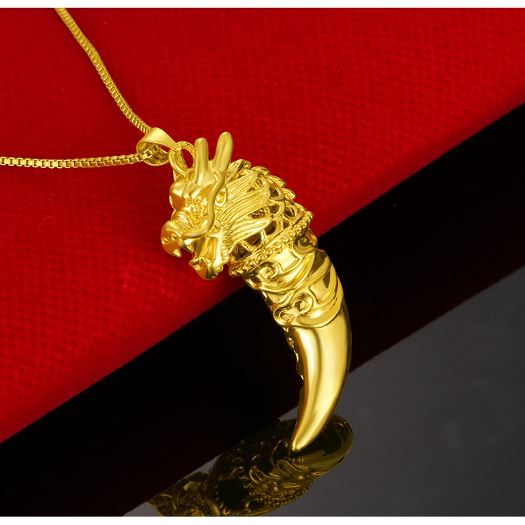 Kalung Emas Asli Kadar 375 Dengan Liontin Kepala Naga Gigi Serigala 3D Gaya Vintage