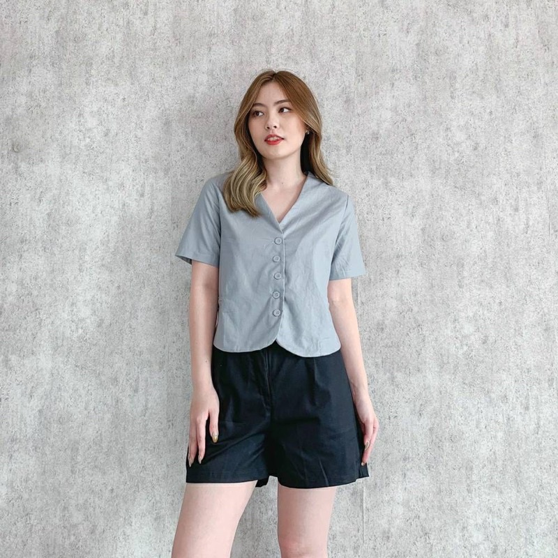 KOZZA TOP BAJU ATASAN BLOUSE WANITA LENGAN PENDEK BAHAN KATUN COTTON V NECK VNECK POLOS TOSCA ROUGE DARK PINK GREYISH BLUE ORANGE PUMPKIN WHITE BLACK-1