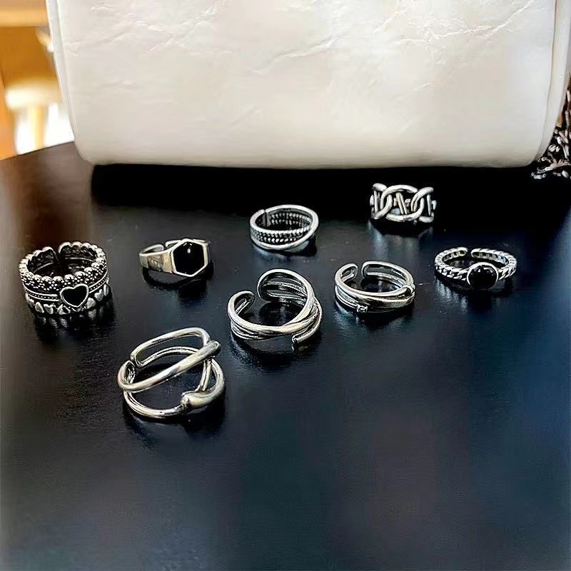 IFYOU 7pcs / set Cincin Rantai Geometris Bentuk Hati Warna Silver Gaya Vintage Untuk Wanita