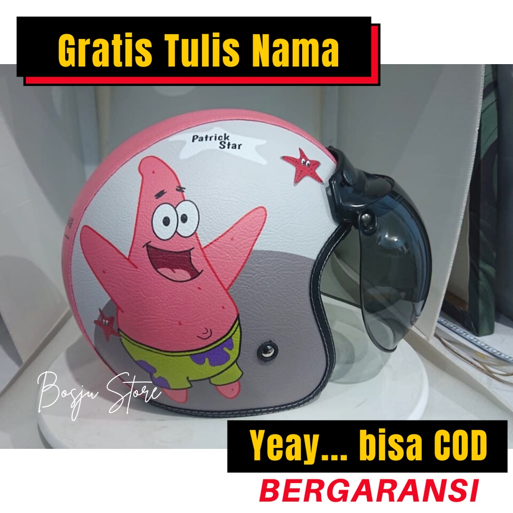 Helm Bogo Motif Patrick Star Spongebob | Custom Warna Nama | Helem Retro Klasik Anak Cewek Wanita Re