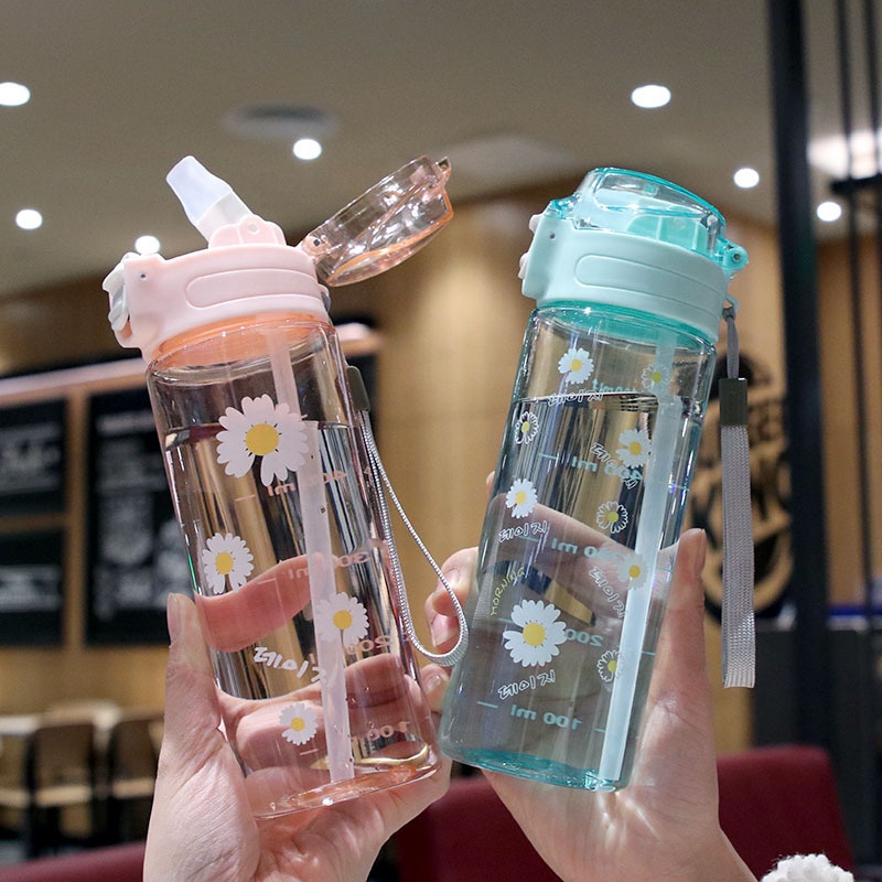 BOTOL FLIP COVER BUNGA DAISY TRANSPARANT MINUM PLASTIK 600ml HX-955