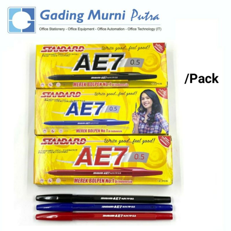 

(1 pack )Pulpen Standart AE7 Bolpoint Bulpen Hitam,Merah, Biru ORI