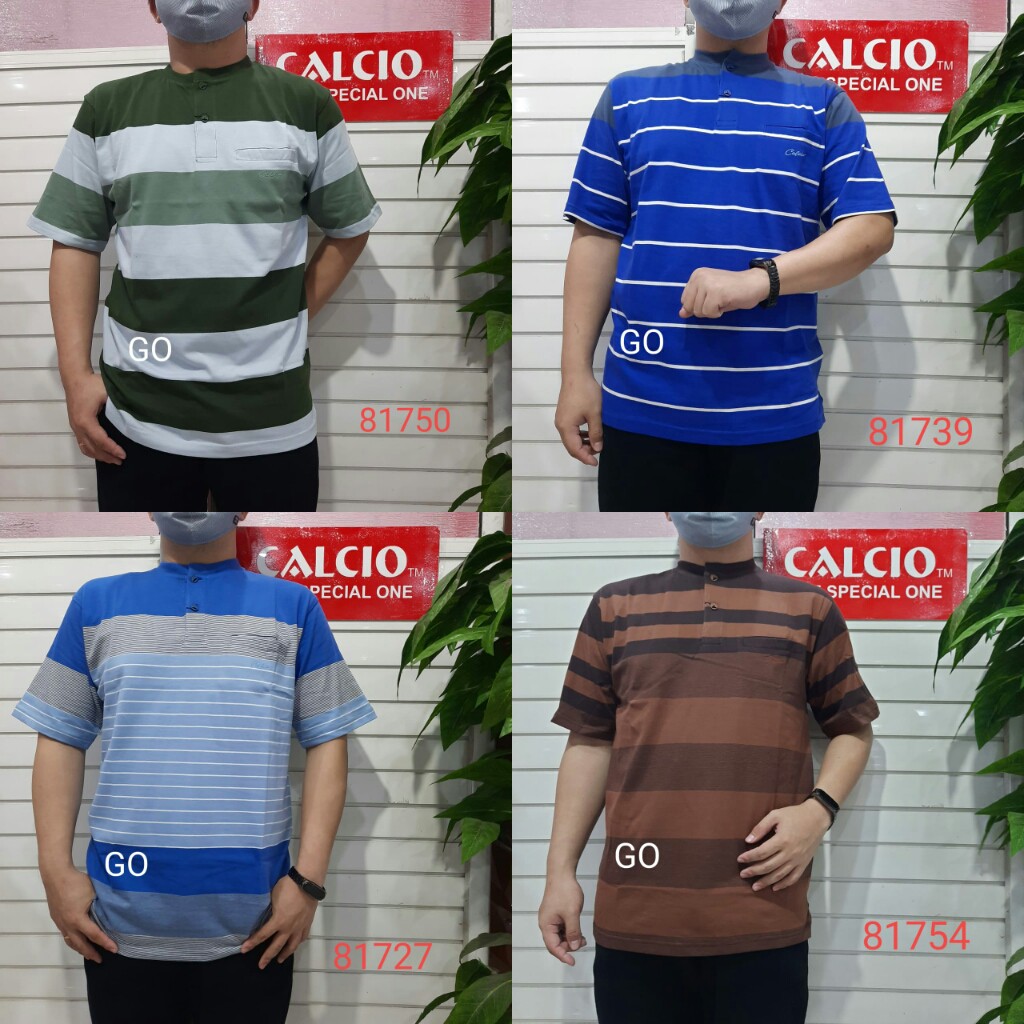 gof XL CALCIO OBLONG KANCING Kaos Pria Laki-Laki Oblong Garis-Garis Lengan Pendek Saku Salur