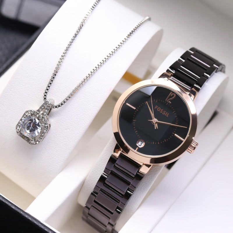 Jam Tangan Wanita Free Kalung Terlaris Stainliss Steel Fashion Kasual