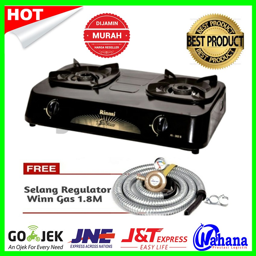 Paket Kompor Rinnai RI-302S Kompor Gas 2 Tungku +Selang Regulator Winn sni