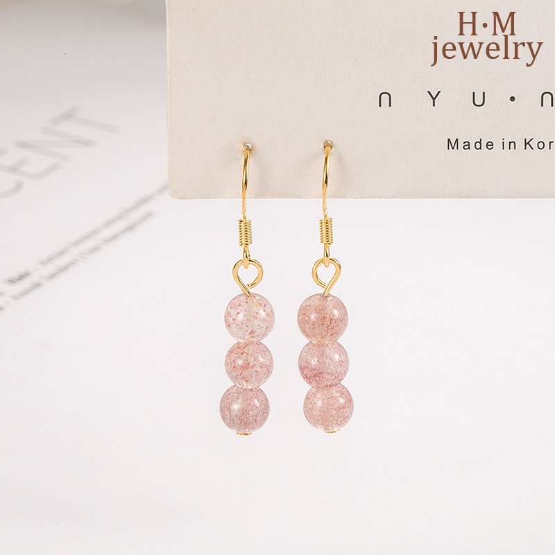 Anting Tusuk Gantung Desain Strawberry Quartz Pink Gaya Simple Menarik Untuk Pria