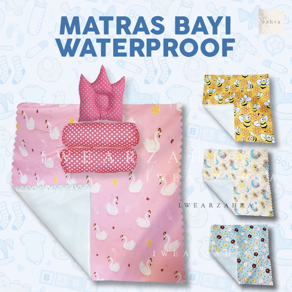 MATRAS BAYI WATERPROOF - FREE Set Bantal Guling Alas Perlak Bayi Anti Air Motif