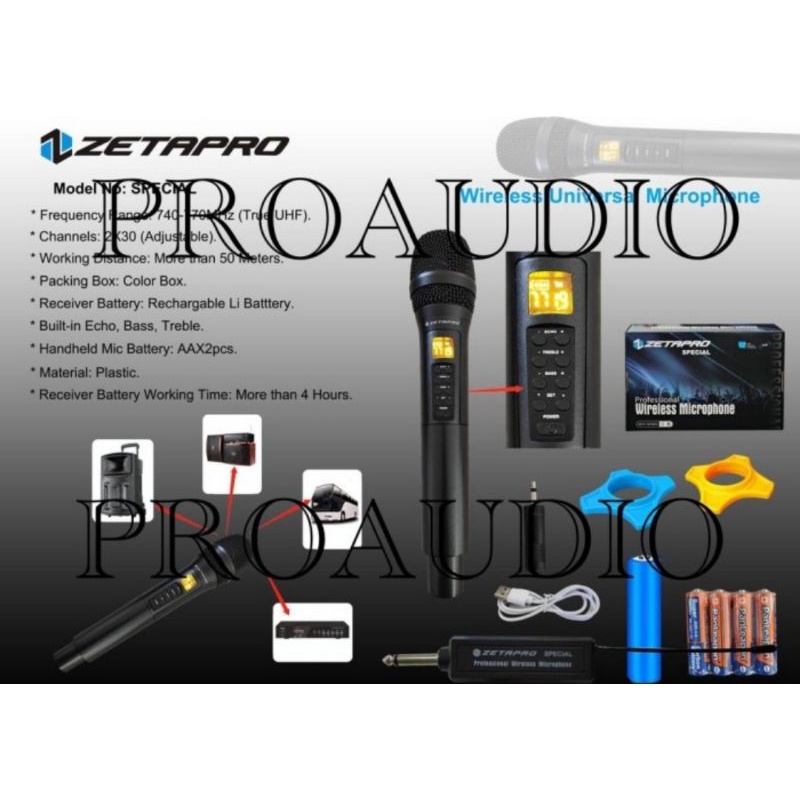 Mic wireless Zetapro Spesial UHF 2 Mic Pegang Builtin Echo Bass Treble