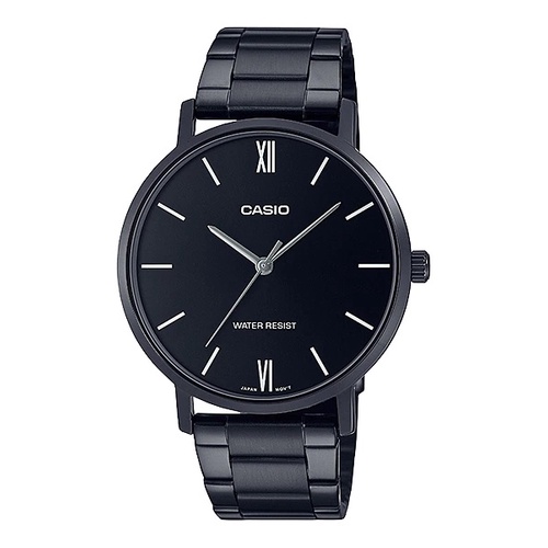 Casio Original MTP VT01B 1B/ MTP-VT01B-1B Jam Tangan Pria Analog Stainless Steel All Black Strap Rantai Hitam