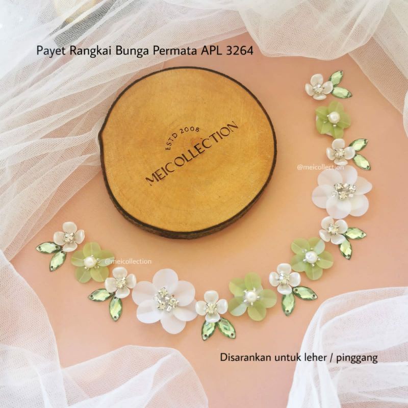Payet leher mutiara permata bunga 3D APL 3264 warna green leaf white doff