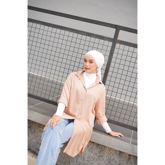 Baju kemeja wanita long tunik lengan panjang jumbo import polos putih REMAJA - DEWASA TUNIK FIT TO XL