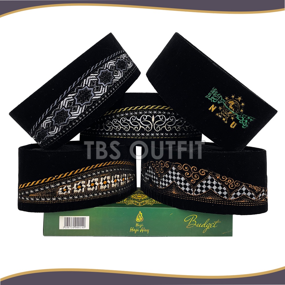 Songkok HAJI ALAY BORDIR STD AC Motif Aceh, Palestina, NU, Tinggi 9 Cm Peci Sholat Hitam Motip Batik