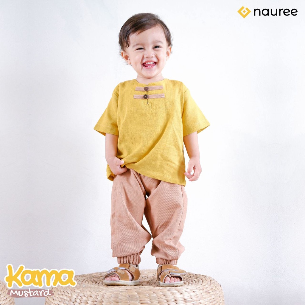 Nauree - Baju Setelan Anak Laki Laki Kama Untuk Usia 1 2 3 4 5 6 7 8 Tahun Warna Mustard Demin Polos Bahan Linen Crinkle &amp; Baby Coduroy Kualitas Premium Untuk Jalan Jalan Lembut Modern Lucu Trendy Murah Jahitan Rapih