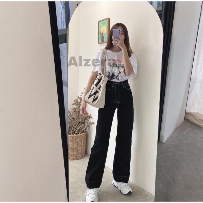 ALZERA•HITAM LIST PUTIH LOOSE KULOT JEANS / BLACK LIST WHITE HW LOOSE KULOT JEANS / CELANA HIGHWAIST LOOSE JEANS WANITA CEWEK