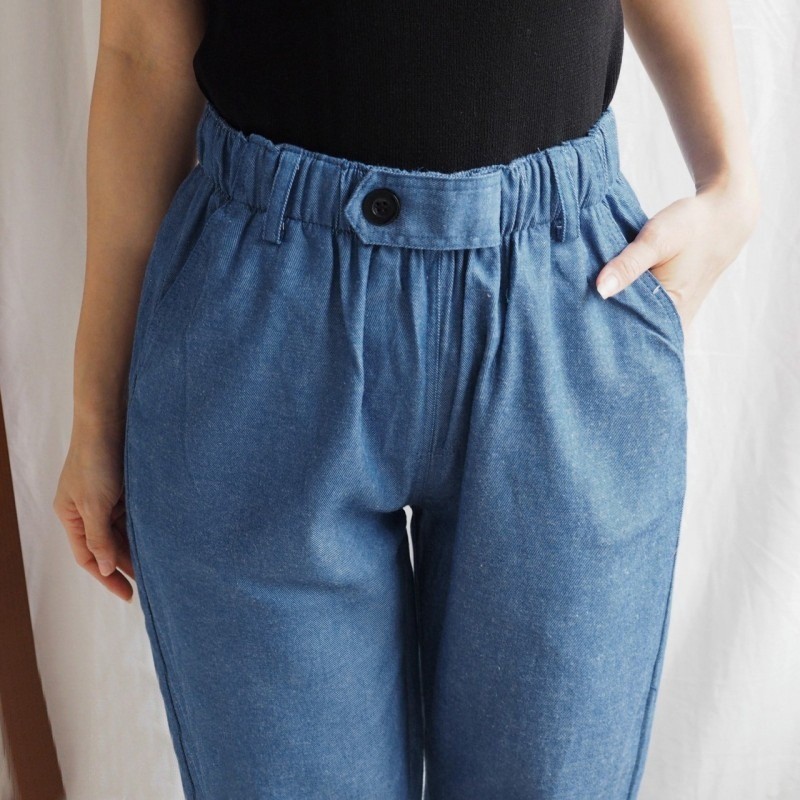 [baju wanita korea]  Celana Panjang Kulot Denim Karet Santai Wanita Korea Import