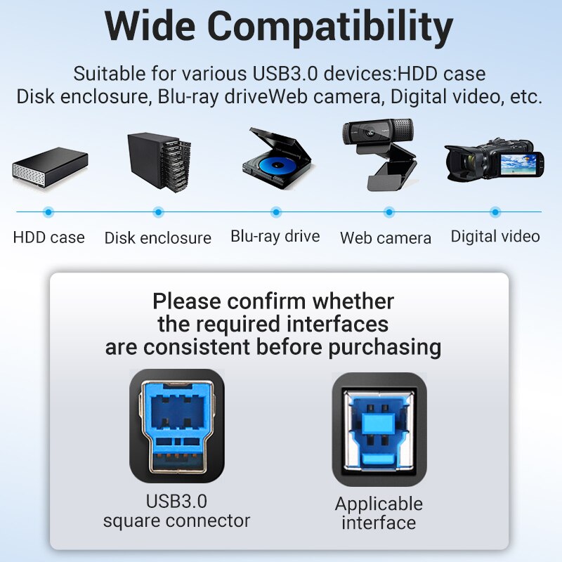 Vention Kabel Interface Usb 3.0 A Ke Usb 3.0 B Male Ke Male Kecepatan Tinggi 5gbps Untuk Case Hdd / Kamera Digital