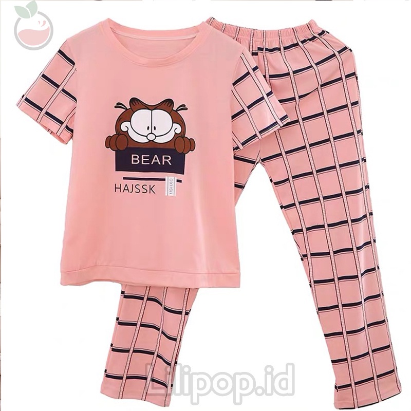 Lilipop.id  Baju Tidur Wanita CP Garfield Setelan Piyama BabyDoll Kaos Celana Panjang