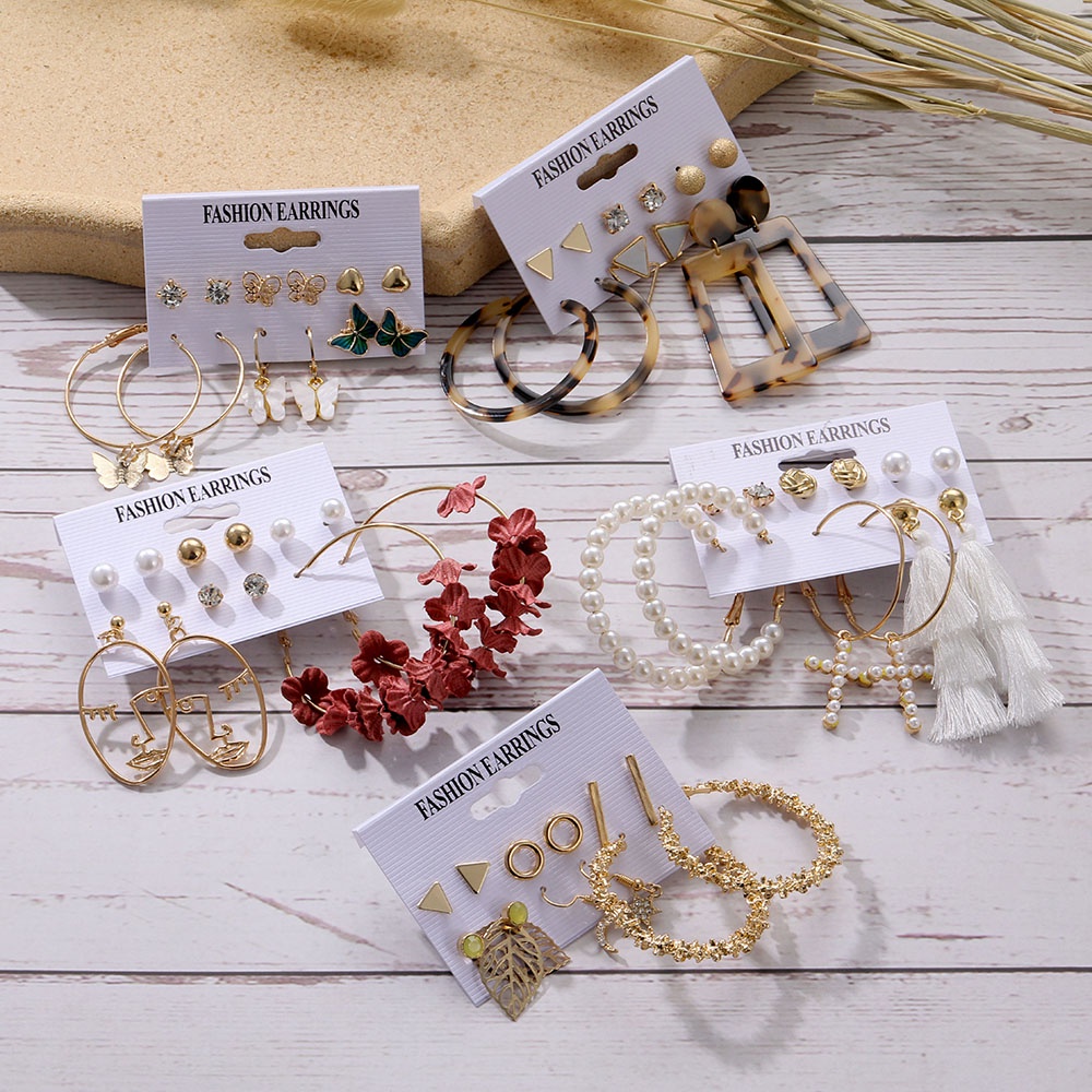 Fashion Pearl Earring Set Acrylic Geometric Pattern Women's Ear Clip Tassel Butterfly Pendant Silver Earrings Daisy Alloy Rose Ear pin Willow Leaf Women Accessories