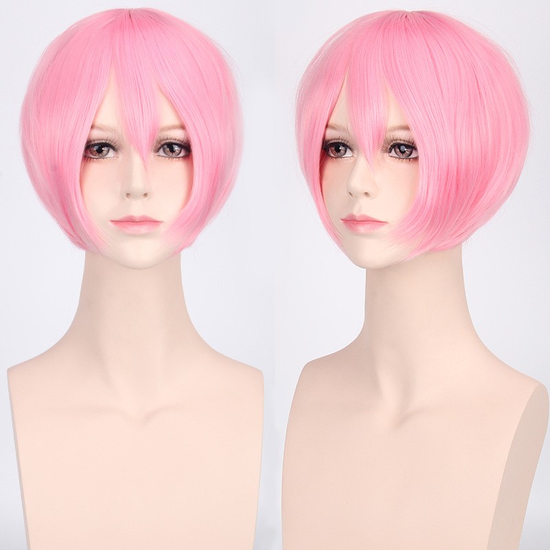 K047-9 PINK wig base cowok pendek cosplay rambut palsu 30 cm hitam abu daily