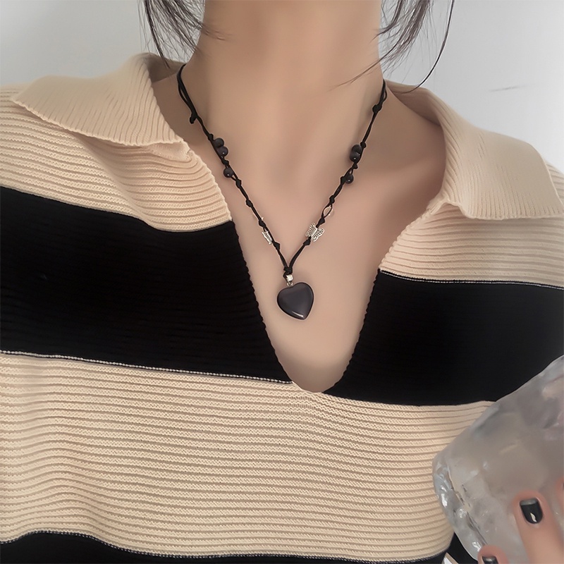 Butterfly Kalung Rantai Clavicle Liontin Desain Kupukupuhati Hias Opal Hitam Untuk Wanita