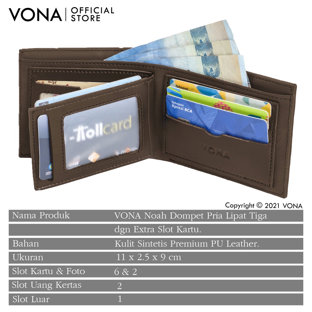 VONA Dompet Pria Lipat 3 Ruang Pendek Kulit PU Banyak Slot Kartu - Hitam Dark Brown - NOAH-1