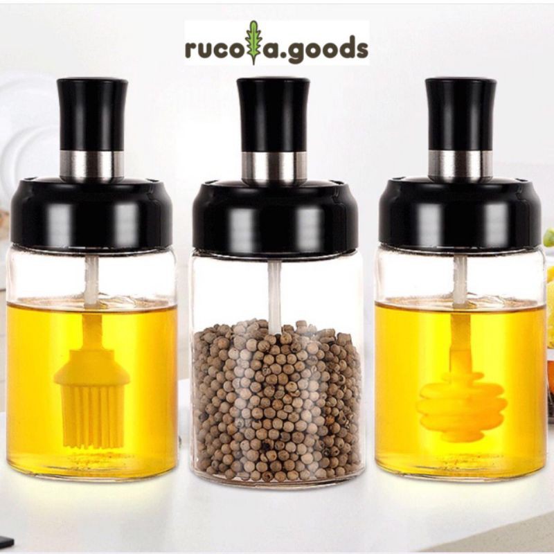 Botol Bumbu Kaca Gelas Tutup Penyimpanan Sendok Garam Gula Madu Kuas Minyak Saos Toples Kaca Tebal K