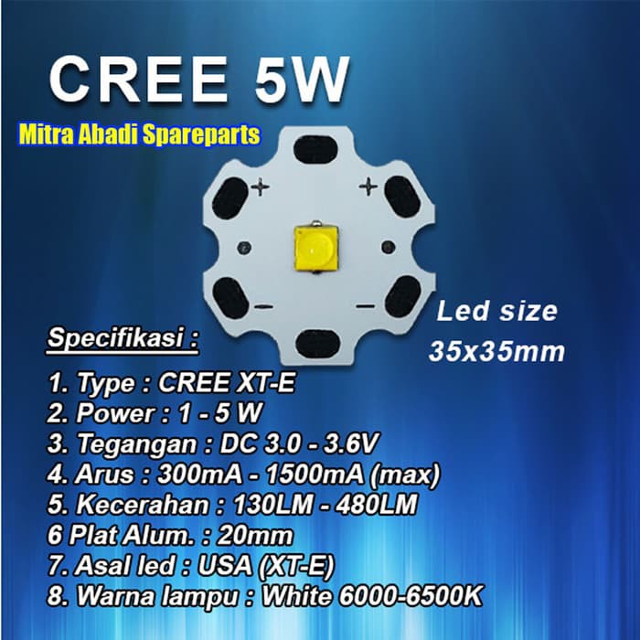 Dijual HPL 5W High Power LED 5 Watt CREE XT E White diameter 20mm Berkualitas