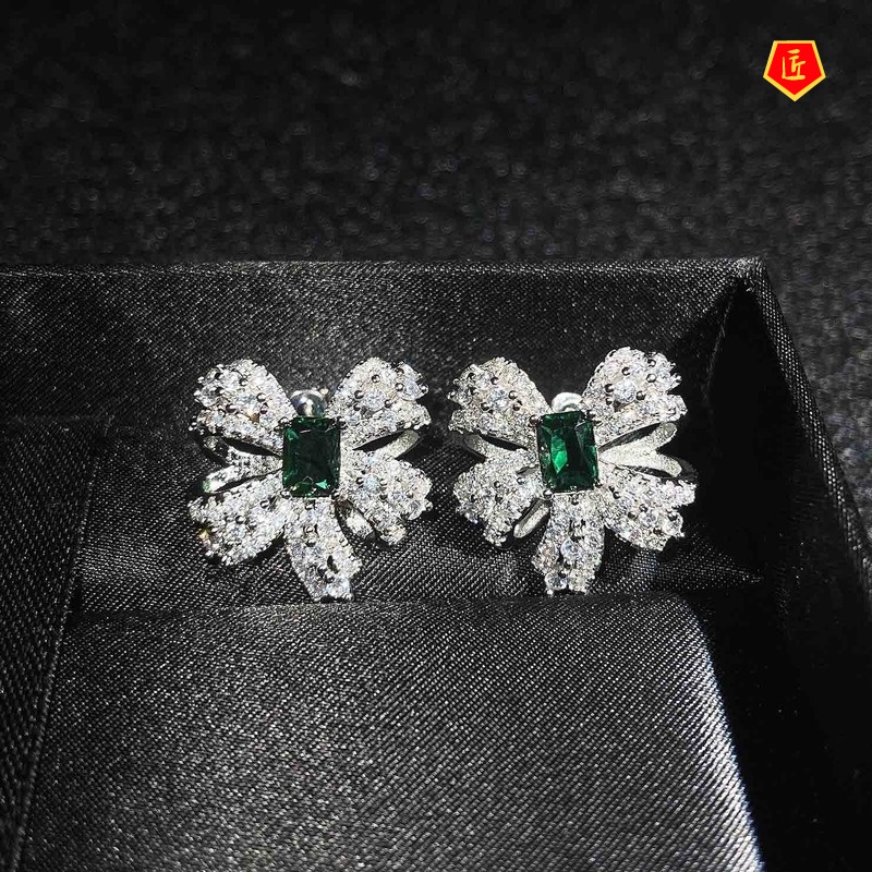 [Ready Stock]Natural Topaz Bow Necklace Set Rings Stud Earrings