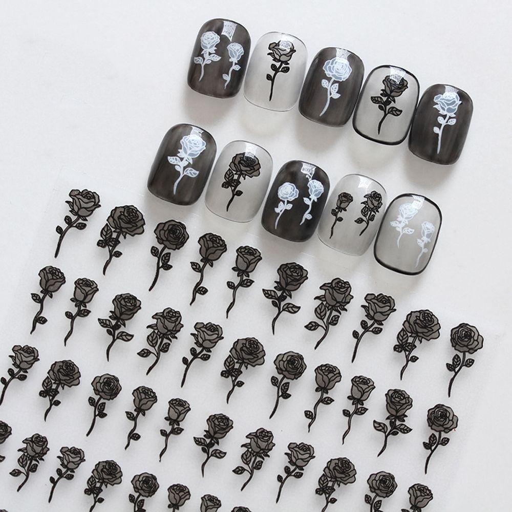 Agustinina Bunga Stiker Kuku Putih Bunga Mawar Perekat Diri Hitam DIY Nail Decals