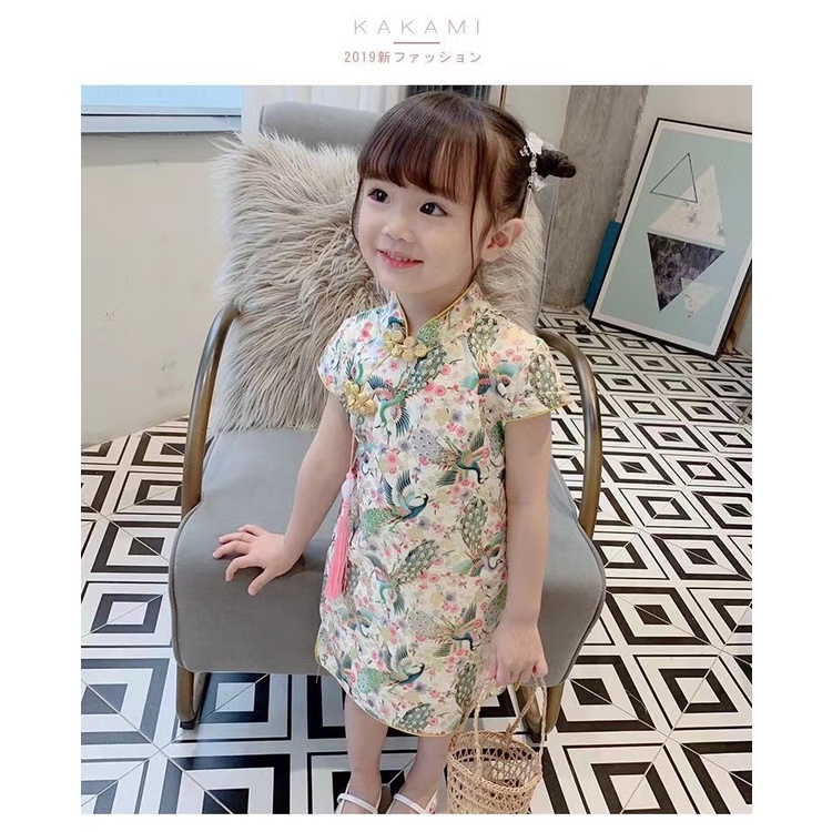 Dress anak perempuan Cheonsam Impor Motif Peacock/Cherry/Bunga Merah