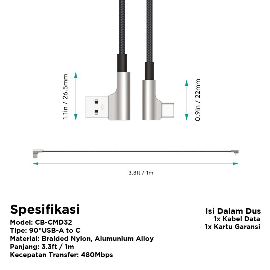 Kabel data Charger Aukey Type C CB-CMD32 90º Braided Nylon 1M