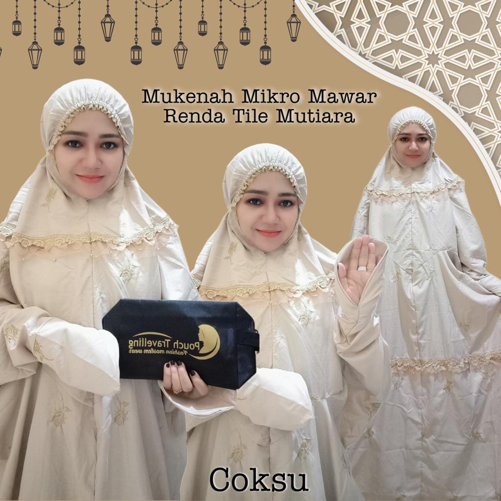 (real pict/banyak warna) MUKENA SANTRI TERUSAN MIKRO BORDIR MAWAR RENDA TILE MUTIARA FREE POUCH