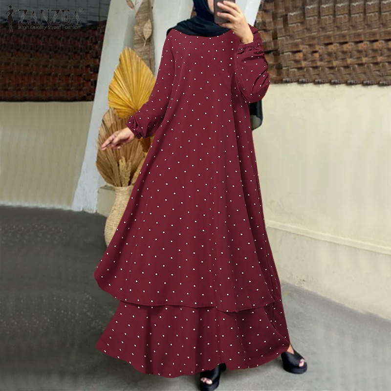 ZANZEA Women Elegant Polka Dot Long Sleeve O-neck Ruffle Muslim Maxi Dress