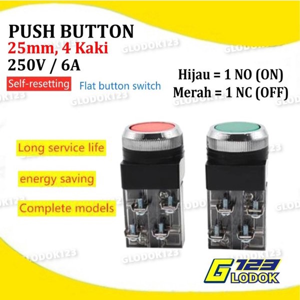 Push Button TAB 25MM PB2501 PB2511 2 4 Kaki Tombol On Off Merah Hijau