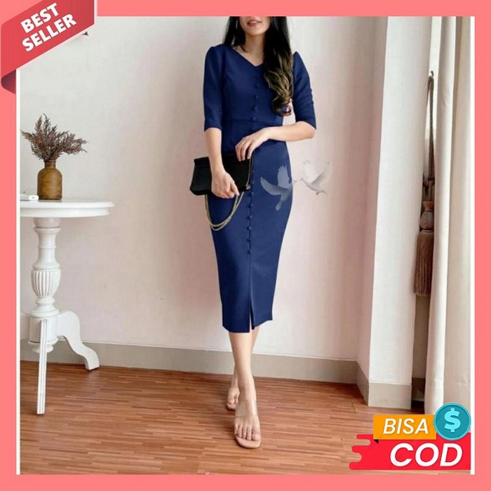 Code549❤ Monki Batik Loose Dress Kondangan- Dress Kondanganwanita Bran Dress Button Hanny - Navy